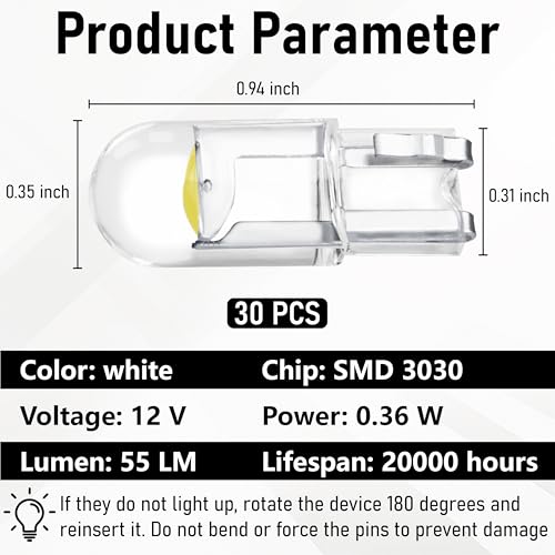 Image of 30 PCS Car 194 LED Bulbs, 168 2825 W5W T10 Wedge COB LED Replacement Bulb, 6000K License Plate Light Bulb, Error Free Interior Bulb for Dashboard Light, Dome Lights,License Plate Lights (White)
