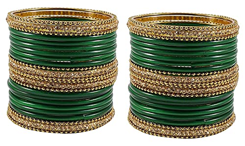 Image of NMII Glass With Zircon Gemstone Studded Worked and Ball Chain Or Plane Gloosy Finished Bangles Set For Women and Girls
