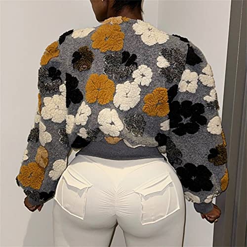 HOULENGS Women's Cropped Floral Print Fleece Bomber Jacket Casual Puff Sleeve Button Down Coats Winter Warm Outerwears2