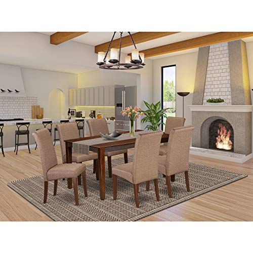 East West Furniture CABA7-MAH-18 Capri 7 Piece Room Set Consist of a Rectangle Kitchen Table and 6 Brown Linen Fabric Parsons Dining Chairs, 36x60 Inch East West Furniture CABA7-MAH-18 Capri 7 Piece Room Set Consist of a Rectangle Kitchen Table and 6 Brown Linen Fabric Parsons Dining Chairs, 36x60 Inch