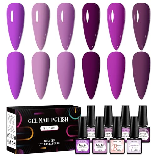 8PCS Purple Gel Nail Polish Set 6 Colors Deep Purple Color Nail P...
