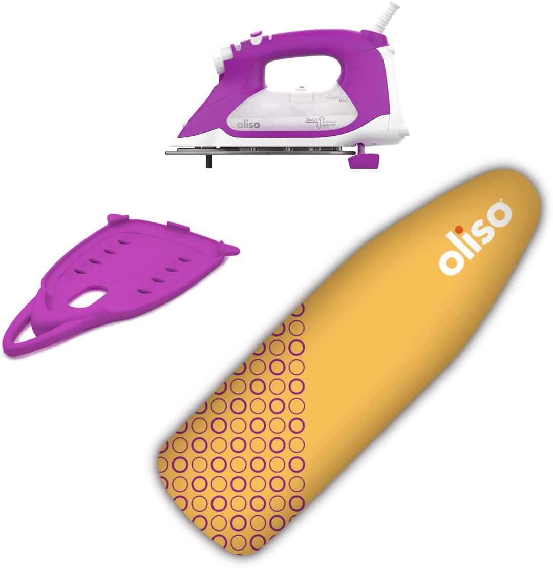Oliso TG1600 Pro Plus 1800 Watt SmartIron with Auto Lift (Orchid) & Oliso Solemate Silicon Iron Soleplate Protector (Orchid) & Ironing Board Cover (Yellow)