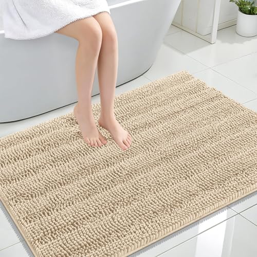 Image of OLANLY Thick Large Bathroom Rugs 44x32, Extra Soft Absorbent Chenille Striped Bath Rugs, Rubber Backing, Machine Wash Dry, Bath Mats for Bathroom Floor, Tub and Shower, Home Decor Accessories, Beige
