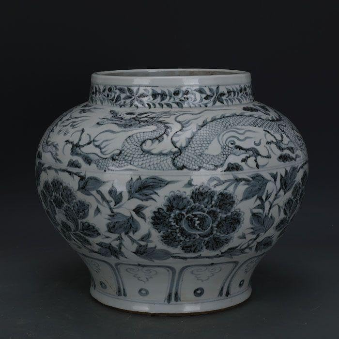 手描きボタンローズと竜紋のつぼ 装飾品 収集品 景徳鎮 陶磁器 工芸品