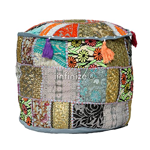 Ottomane vintage en patchwork gris et pouf de rangement en coton brodé - 4