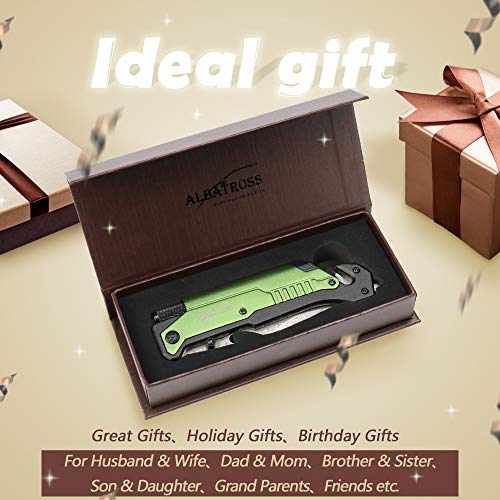 Image of ALBATROSS 6-in-1 Modern Damascus Steel Folding Pocket Knives with LED Light,Seatbelt Cutter,Glass Breaker,Magnesium Fire Starter,Bottle Opener;Multi-Function Emergency Tool(Green-DA)