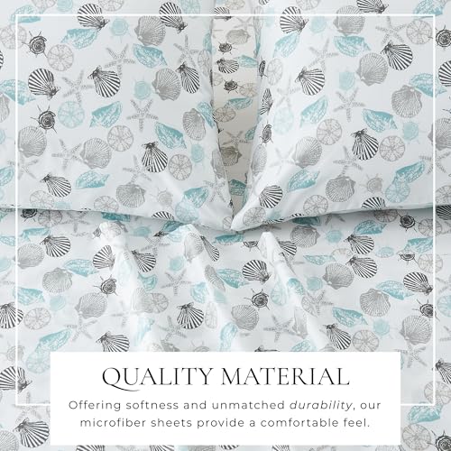 Image of Great Bay Home Queen Coastal Microfiber Sheet Set - 4-Piece Nautical-Printed, Ultra-Soft Sheets - Beach-Themed Bedding Sheets & Pillowcases (Seashell)