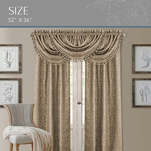 Elrene Home Fashions Antonia Floral Damask Waterfall Window Valance with Tassels, 52\"x36\", Taupe - Thumbnail 3