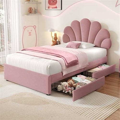 BTM Upholstered Single Bed with 2 Drawers and Adjustable Petal Headboard, Soft Velvet Single Bed Frame with 2 Storage Drawers and Solid Wood Slat, 3ft-90x190cm, Pink (No Mattress)