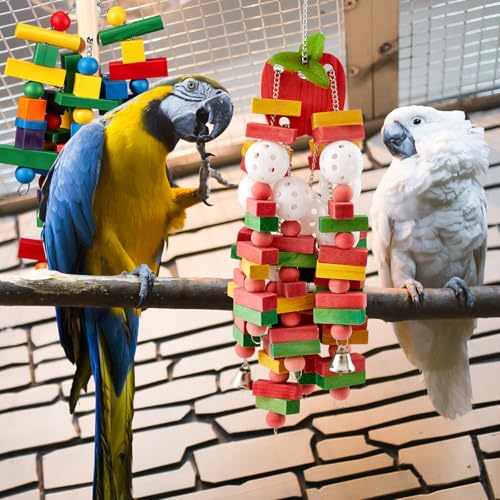 Image of Seenelling 6 Pcs Extra Large Bird Toys for Parrots, Mixed | Multicolored Natural Wooden Blocks & Beads Bells, Bird Cage Chewing Toys for Large Medium Macaws African Grey Cockatoos