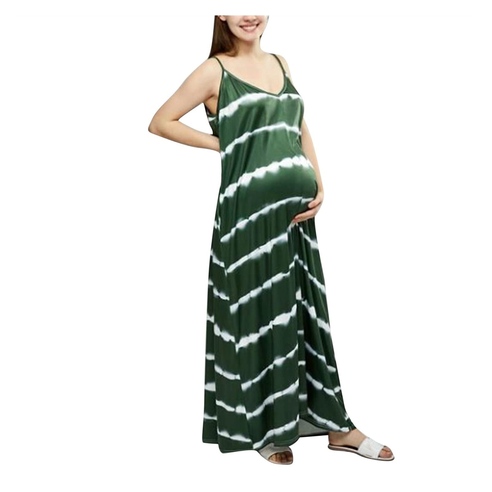 FANFENG Abito da Donna Abiti Senza Maniche A Righe con Scollo A V Abito Lungo da Spiaggia Casual Elegante Abito Lungo con Spalline Elasticizzate Abito Ampio (Color : Green, Size : L/Large)