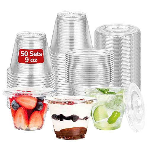 Fivifedu 9oz Clear Plastic Cups with Flat Lids No Hole (50 Sets)