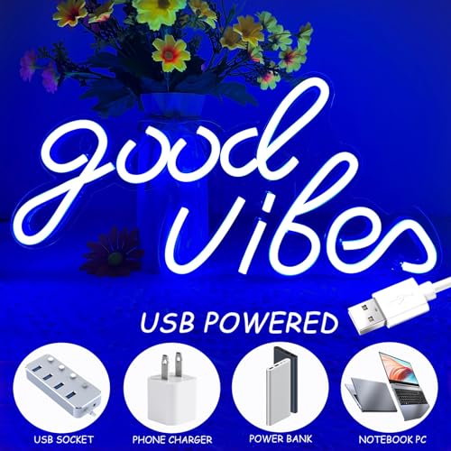 Image of Good Vibes Neon Sign Blue Good Vibes Neon Lights USB Operated Aesthetic LED Signs for Bedroom Wall Decor Birthday Party Wedding Salon Bar Home Girl Cave