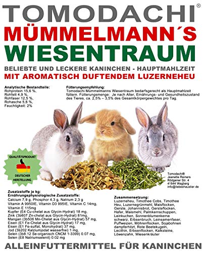 Tomodachi Kaninchenfutter Hasenfutter Raufutter Kaninchen Strukturfutter Gemüse Erbsenflocken Möhrenflocken Luzerneheu Kräuter Löwenzahn 15kg Sack