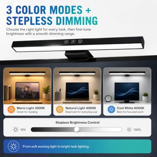 Image of 19.69-Inch Monitor Screen Light Bar with Smart Touch Sensor| USB Powered 5W LED E-Reading Lamp| 3 Color Temperature Modes, Stepless Dimming,60-Min Timer