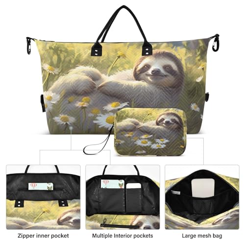 Large Travel Duffel Bag, Cute Sloth Daisy Field Sports Tote Gym Bag, Shoulder Weekender Overnight Bag for Women Men, Carry On Luggage with Toiletry Bags2