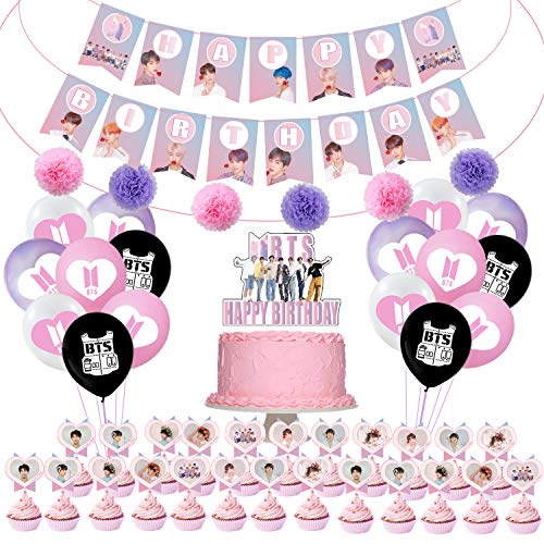 BTS Bangtan Boy Birthday Party Supplies Includes Banner - Cake Topper - 24 Cupcake Toppers - 16 Balloons