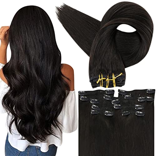 Fshine Clip in Extensions Human Hair, Hair Extensions Clip in Human Hair Double Weft Off Black Color 100Gram 7PCS Clip in Human Hair Extensions for Black Women 22inch