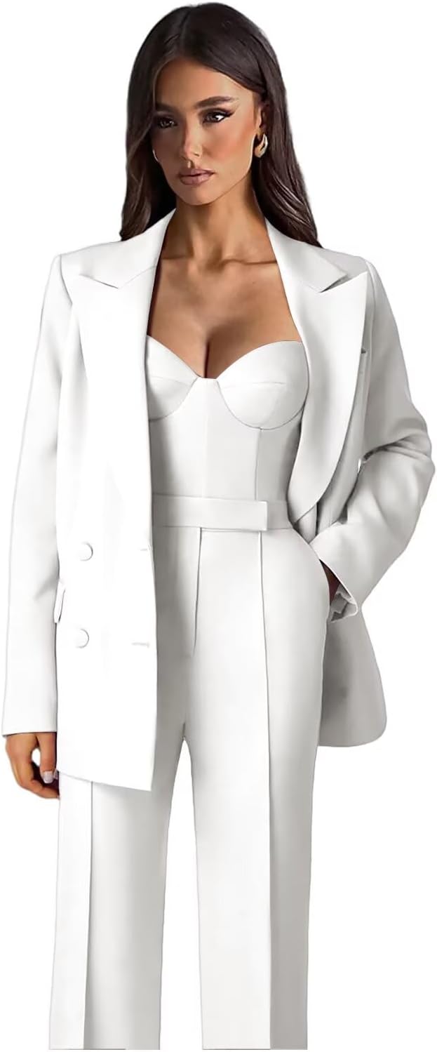 Suits for Women 3 Piece Business Casual Peak Lapel Spaghetti Strap Top Wide Leg Pants Suits for Women Work Womens Suit