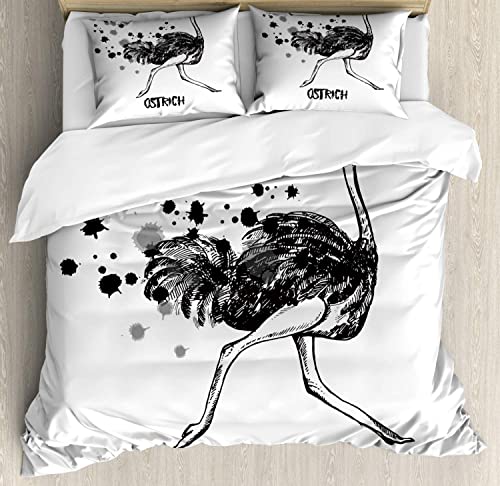 羽毛布団カバーセッ3dプリント寝具セッ,白いダチョウ大人布団カバー3点セッ,優しい肌触りマイクロファイバー柔らかい通気性,1掛け布団カバー190*210cmと2枕カバー43x63cm