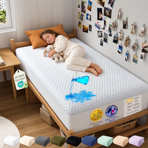 OhGeni Waterproof Mattress Protector,Twin Size Soft Bamboo Viscose Top Layer Pad,3D-Air Fabric Cooling Breathable Fitted Sheets, Washable Bed Cover for Kids Toddler Bedwetting Over 99 Count Hex Bumps