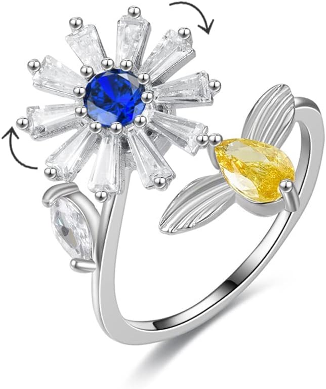 COLORFUL BLING Delicate Silver Cubic Zirconia Daisy Flower Butterfly Fidget Anxiety Rings for Women Adjustable Open Sunflowers Evil Eyes Stress Relief Stackable Rings
