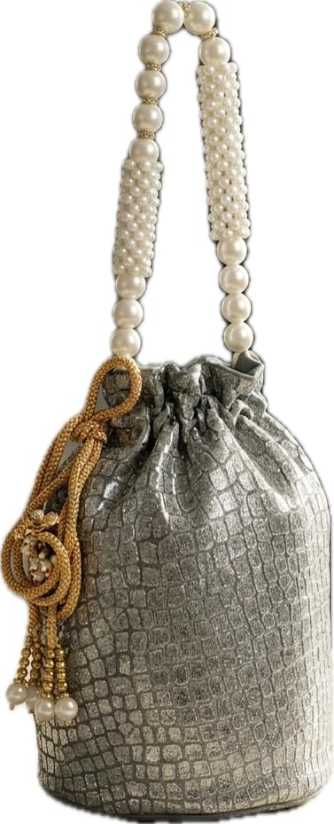 Elegant Pearl Handle Bag – Silver Textured Drawstring Pouch-image-25