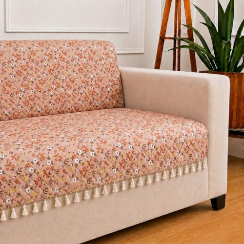 Image of STITCHNEST 'Frostvine Collection' 2 Seater Sofa Cover - Full Coverage| Cotton Quilted Fabric, Decorative Tassels, Washable & Durable for Modern Living