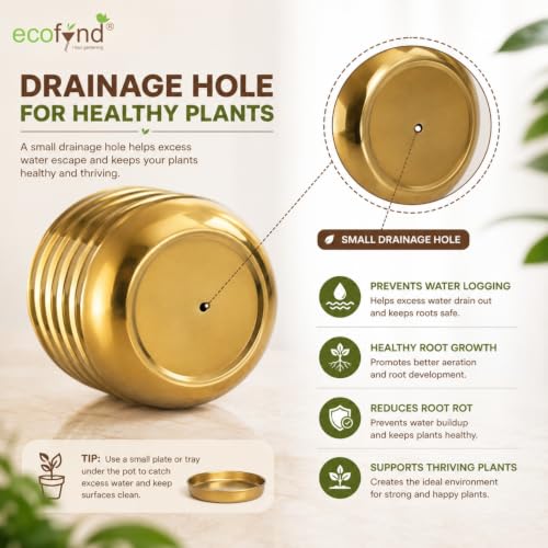 Image of ecofynd 1 Pack 5 Inch Gold Metal Flower Pot, Modern Decorative Indoor Planter for Small Plants, Tabletop Plant Pot for Home, Office, Living Room, Bedroom, Shelf & Windowsill Decor (POT057-GO)