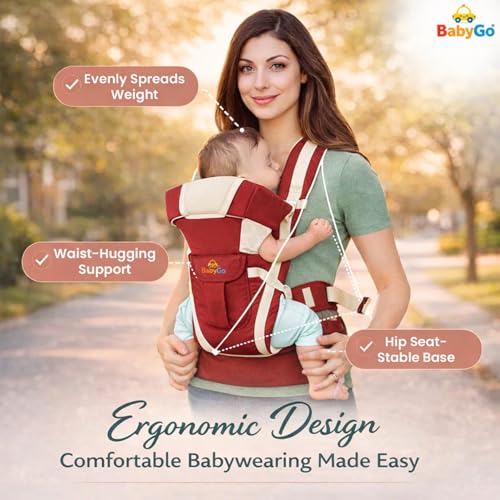Image of BabyGo Kid Seat Baby Hip Carrier 4-in-1 Adjustable Baby Carrier Cum Kangaroo Bag| Front, Back|for 6 to 24 Months Baby|Newborn to Toddler Carrier|Safety Belt & Buckle Straps|Up to 15 Kgs (Maroon)