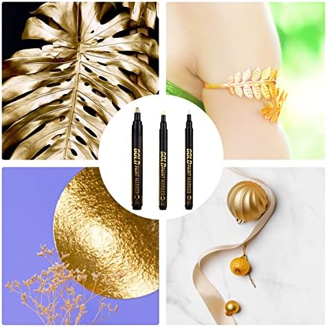 SAVITA 3pcs Metallic Marker Pens, Waterproof Mirror Reflective Chrome Paint Pen High Gloss Permanent Liquid Chrome Marker for Model Metal Glass Plastic Painting (Gold; 0.7mm, 1mm, 3mm)