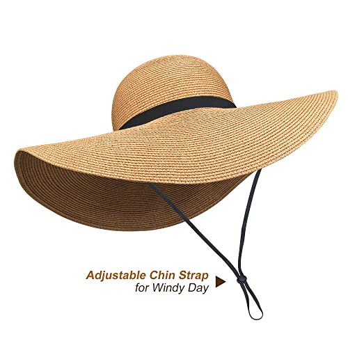 Image of Women Wide Brim Sun Hat UPF50 Straw Summer Hat Floppy Beach Hat Roll-Up