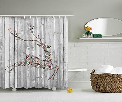 MyLinen Christmas Holiday Designer's Collection Digital Graphic Print Colorful Reindeer Shower Curtain Non Vinyl Waterproof Resistant w/Hooks - Simple Gift Awaits for You!