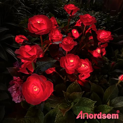 Image of Anordsem Solar Garden Lights Outdoor: Waterproof Fabric Roses - Red LED Flower Decorations for Yard Patio Path Cemetery Grave - Birthday Gifts for Women Mom Wife - 6 Pack Red