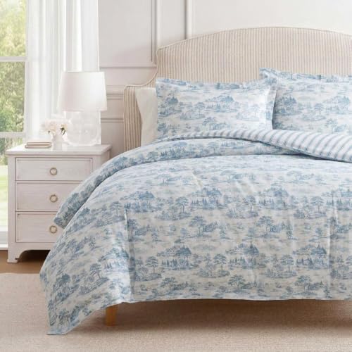 Image of Martha Stewart - King Comforter Set, 100% Silky Smooth Cotton Sateen Bedding for Year Round Comfort, 3 Piece Bed Set with Matching Pillowcases (Farmhouse Toile Blue)