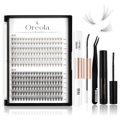 Oreola Ciglia finte naturali Kit ciglia individuali, Cluster di ciglia 0,07D 8-14mm 228 pezzi, adesivo e sigillo, dispositivo di rimozione, pinzetta, confezione mista di ciglia singole 10D+20D