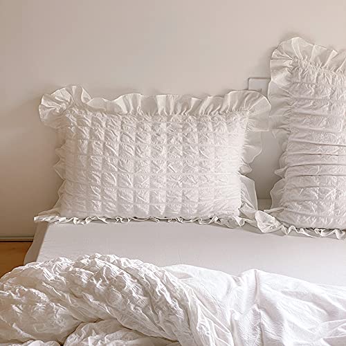 Topbdhomes 4 Pieces Bedding Sheets Set 100% Cotton Girls Teens Family Cream/ White Seersucker Duvet Cover And Pillowcases With Ruffles Full Queen Size Bed Covers Sets (30Ysl-9-2White, Full Size 4Pcs) #TOP7