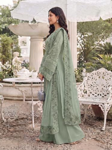 Image of RUDRAPRAYAG Women's Georgette Fabric Wih Embroidered Sequence Work And On Neck Moti Hand Work Semi Stitched Sharara Salwar Suit With Dupatta Set