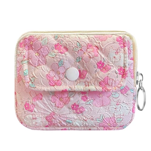 Cotton Quilted Floral Coin Pouch with Cute Prints Zipper for Women Girls (FLOWER WHITE RABBIT)