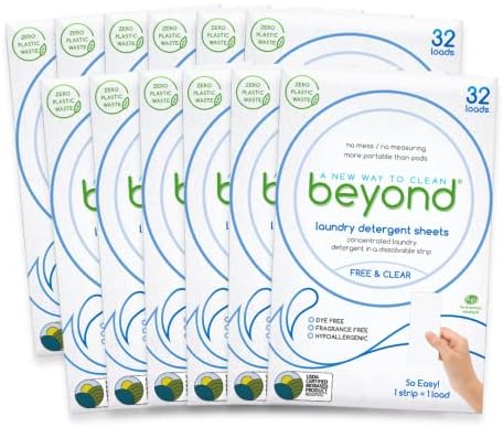 Beyond Laundry Detergent Sheets (12 packs of 32 sheets) - Free & Clear - Eco-friendly, Hypoallergenic. Biodegradable. Paraben free. Travel friendly. Plastic Free Packaging