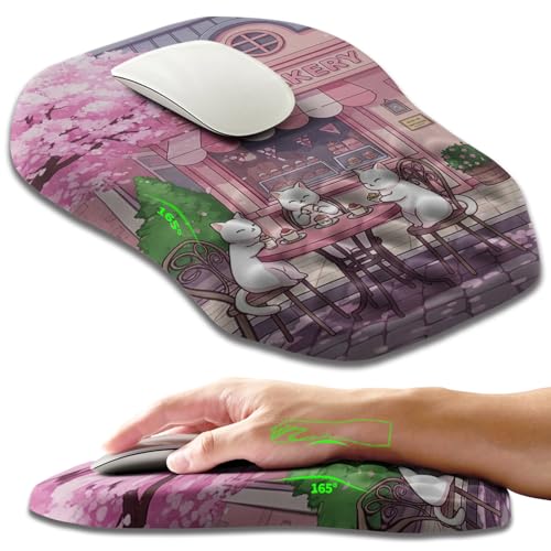 Armanza Ergonomic Slope Mouse Pad Wrist Support, Wrist Rest Mousepad for Carpal Tunnel Pain Relief with Massage Bulge and Slow Rebound Memory Foam (12x8 inch, Cat Bakery)