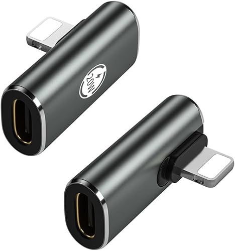Adaptador USB-C Serie 2 piezas para iOS-Lightnlng Adaptador de carga, 20W PD Tipo C Cargador Rápido, iOS-Macho a Tipo-C Hembra 90 grados Codo con