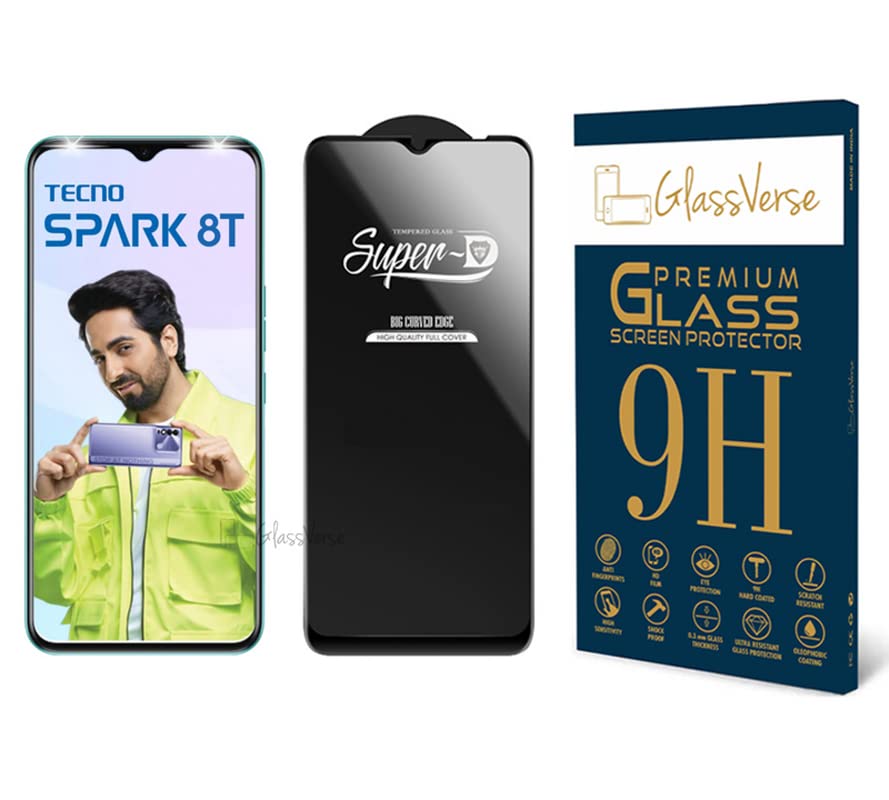 GlassVerse SuperD Oleophobic Tempered Glass For Tecno Spark 8T (PACK OF 1) with Free Installation Kit Full screen Coverage Free Replacement If Received Damaged - 6.6 inch