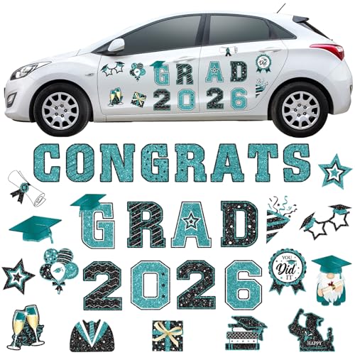 Image of Landhoow 30 Pcs Graduation Car Magnets 2026 Senior Graduation Car Decoration Bumper Sticker Congrats Grad Magnet Magnetic Refrigerator Decal for Grad Parade Party Supplies(Teal, Black)