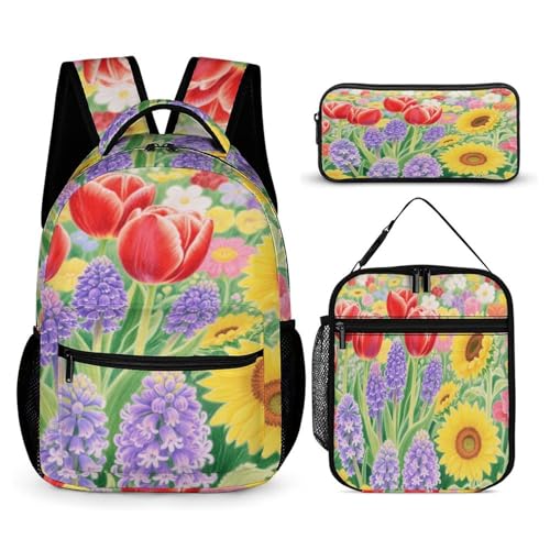 Colorful Flowers Printed Backpack With Lunch Pack Storage Box Case 3pcs Lightweight Travel Backpack