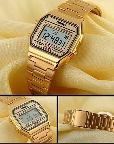 MASTOP Women's Classic Simple Petite Electronic Quartz Watch Stainless Steel Square Slim Led Digital Watch 1123 Gold image 5 of 7 B07T2G6DW7