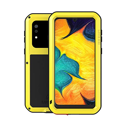 RanGuo para Samsung Galaxy A30 / A20 Funda, Love Mei Aire Libre Tarea Pesada Metal Armadura Antipolvo A Prueba de Golpes Protección Carcasa con Protector de Pantalla de Vidrio Templado (Amarillo)