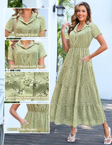 Image of Kranda Women 2026 Summer Collared V Neck Short Sleeve Button Down Chiffon Long Tiered Floral Maxi Dress with Pockets