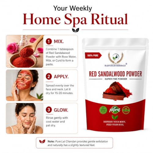 Image of Pure Red Sandalwood Powder for Face (200g) - Natural Lal Chandan /Rakta Chandanam Face Pack for Glowing Skin, Sun Tan Removal & Acne Spot Care - Unisex Skincare