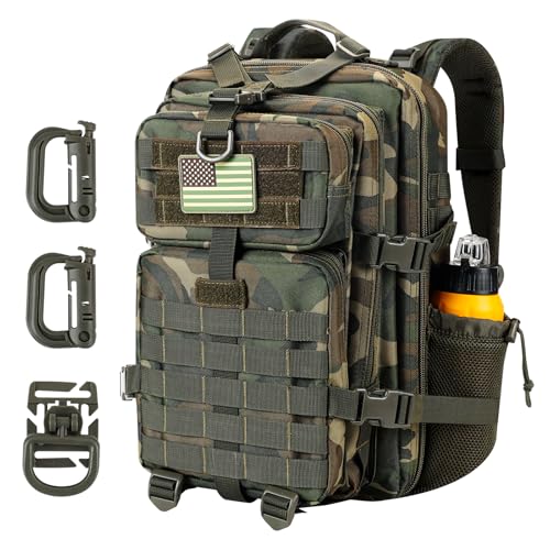 Hannibal Tactical 30L MOLLE Assault Pack, Tactical Backpack Military Army Camping Rucksack with Bottle Holder, 3-Day Pack, US Woodland